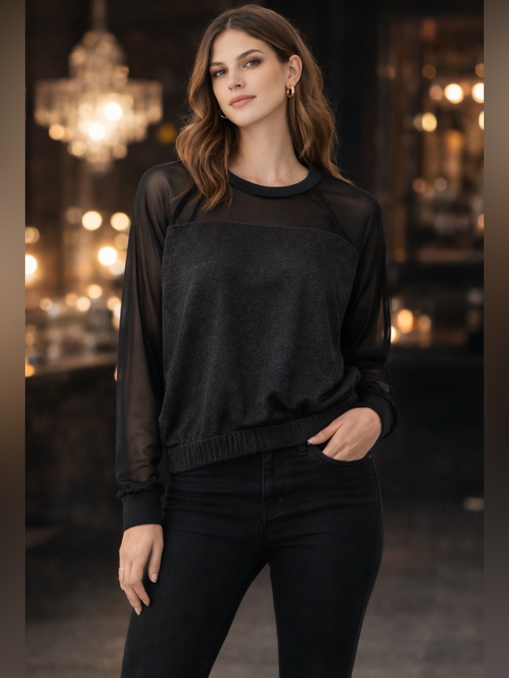 A|X Armani Exchange Black Sheer Mesh Shimmer Top Size M - Picture 2 of 6